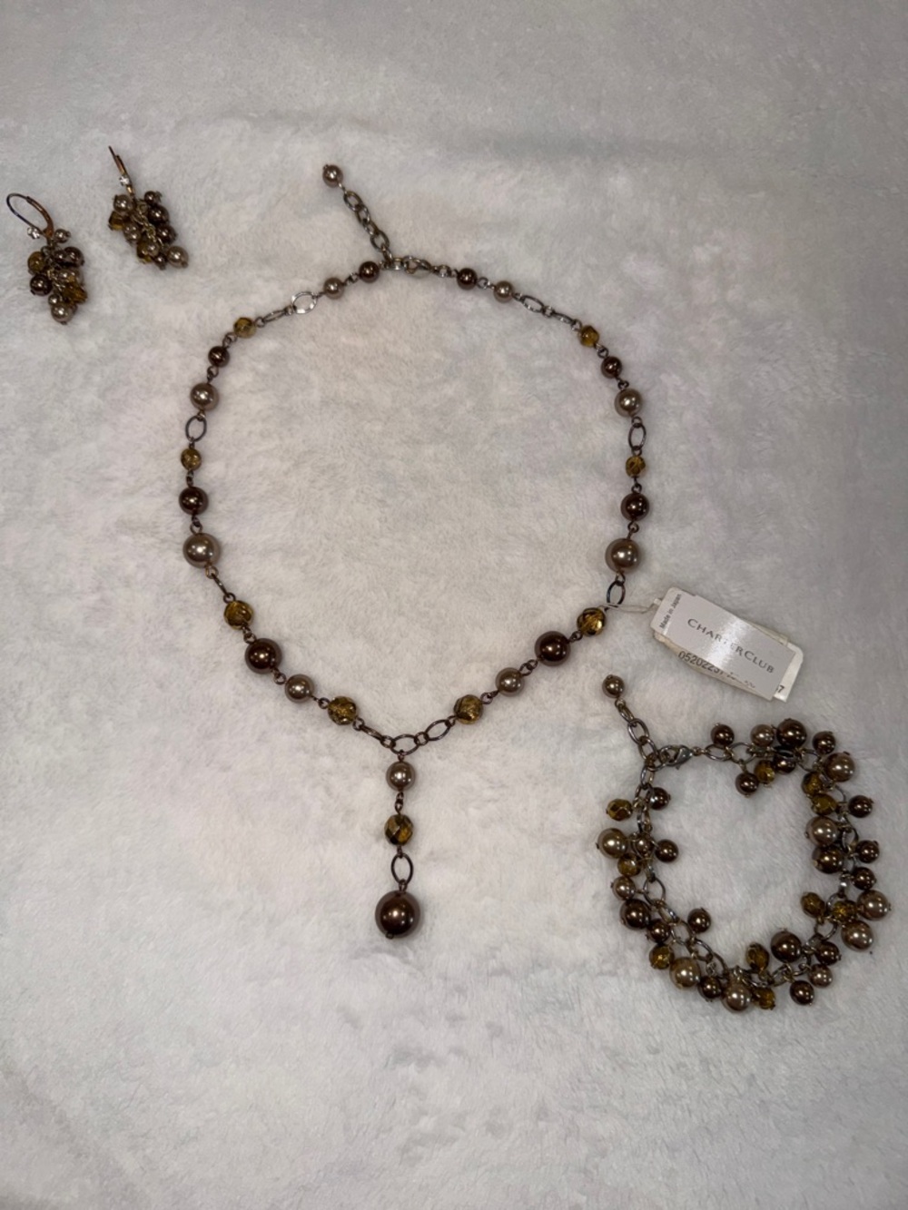 Charter Club Brown, Gold and Tan Beaded/Pearled Necklace Set with Drop Pendant
